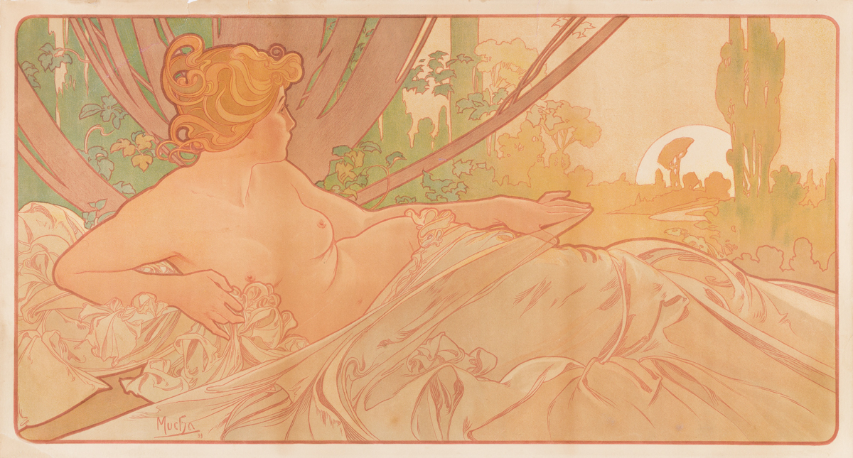 ALPHONSE MUCHA (1860-1939).  [AURORE / DAWN]. Decorative panel. 1899. 19x35 inches, 49x90 cm. [F. Champenois, Paris.]